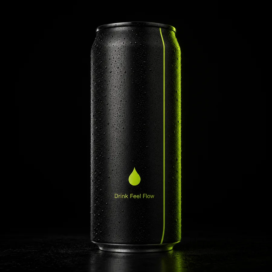 A matte-black Drink Feel Flow can with an acid-lime accent stripe and the FLOW wordmark, lit against a near-black studio background.