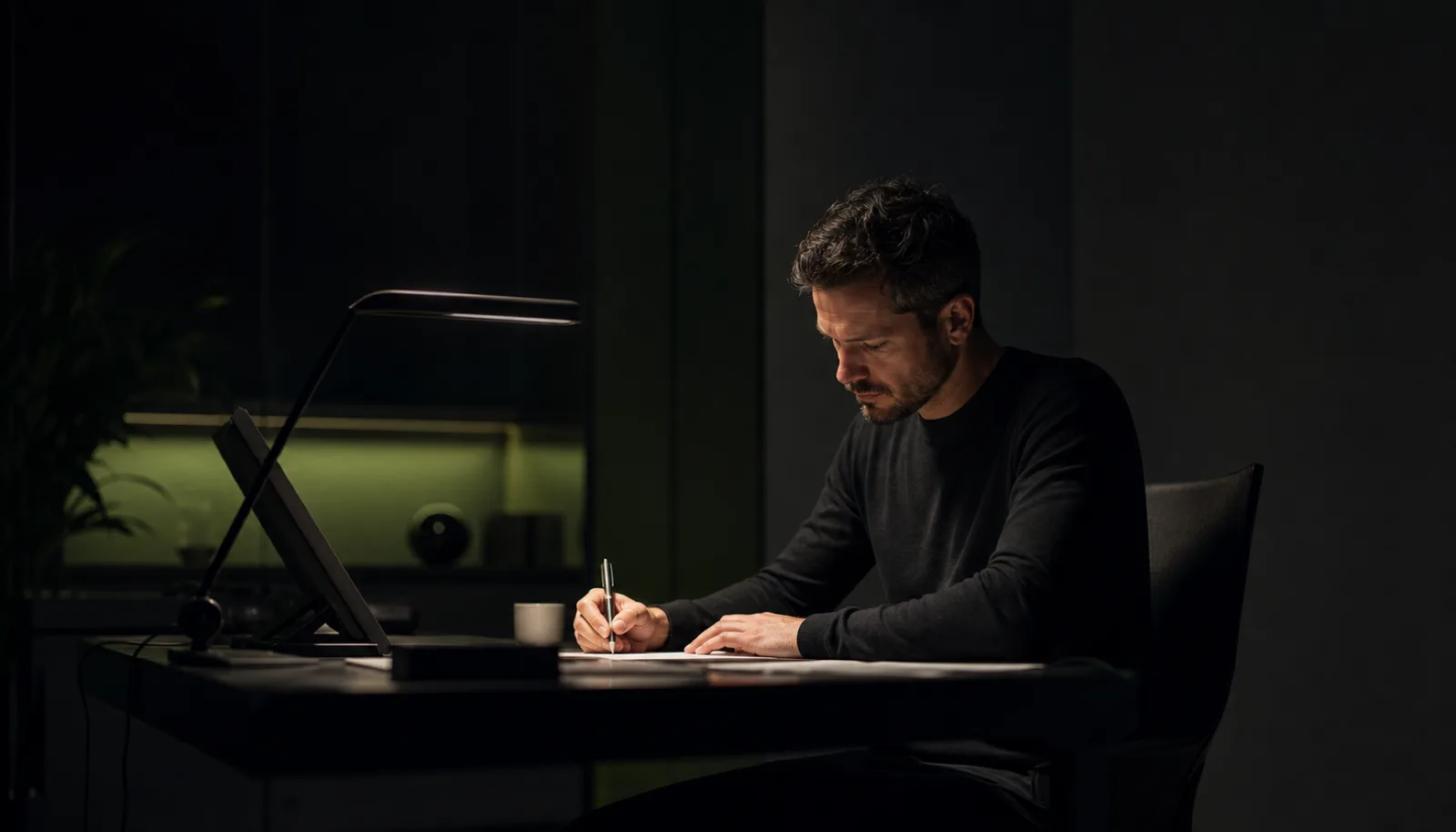 A person working in focus at a desk late at night, lit by a subtle acid-lime glow from their screen.