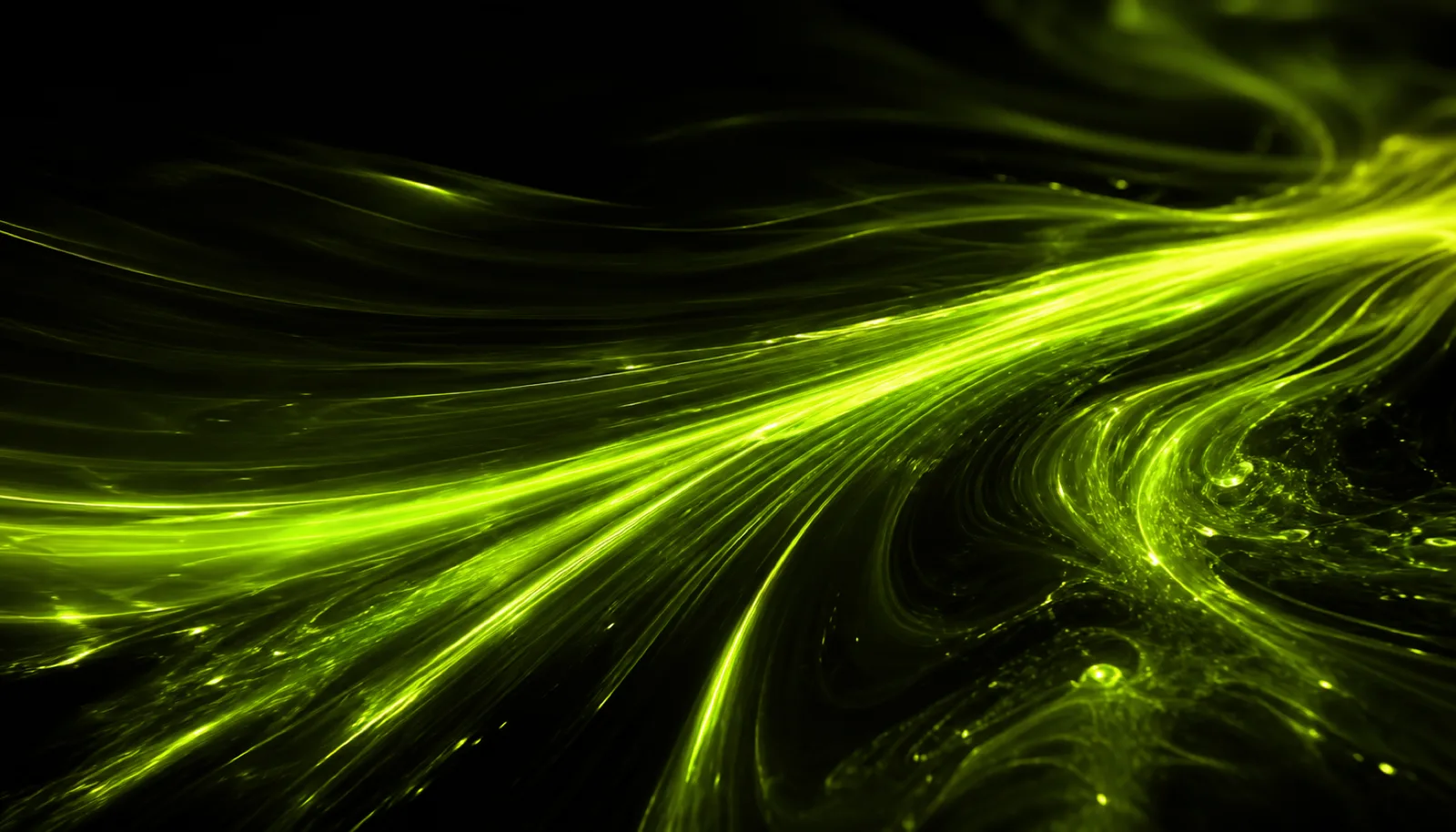 Abstract acid-lime light trails streaming across a near-black field, suggesting momentum and energy.